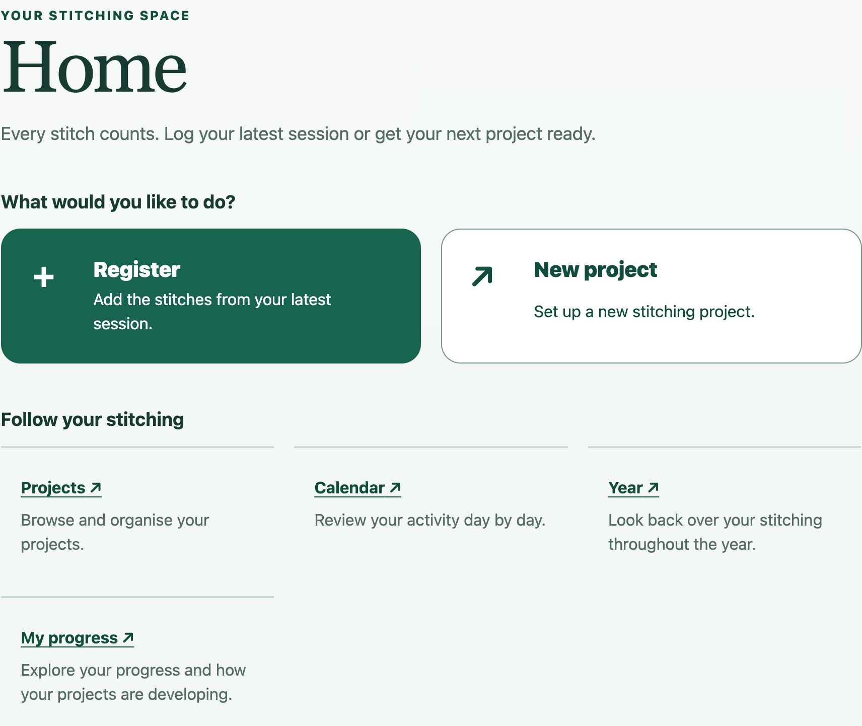 Real Stitching Tracker home with project and session shortcuts