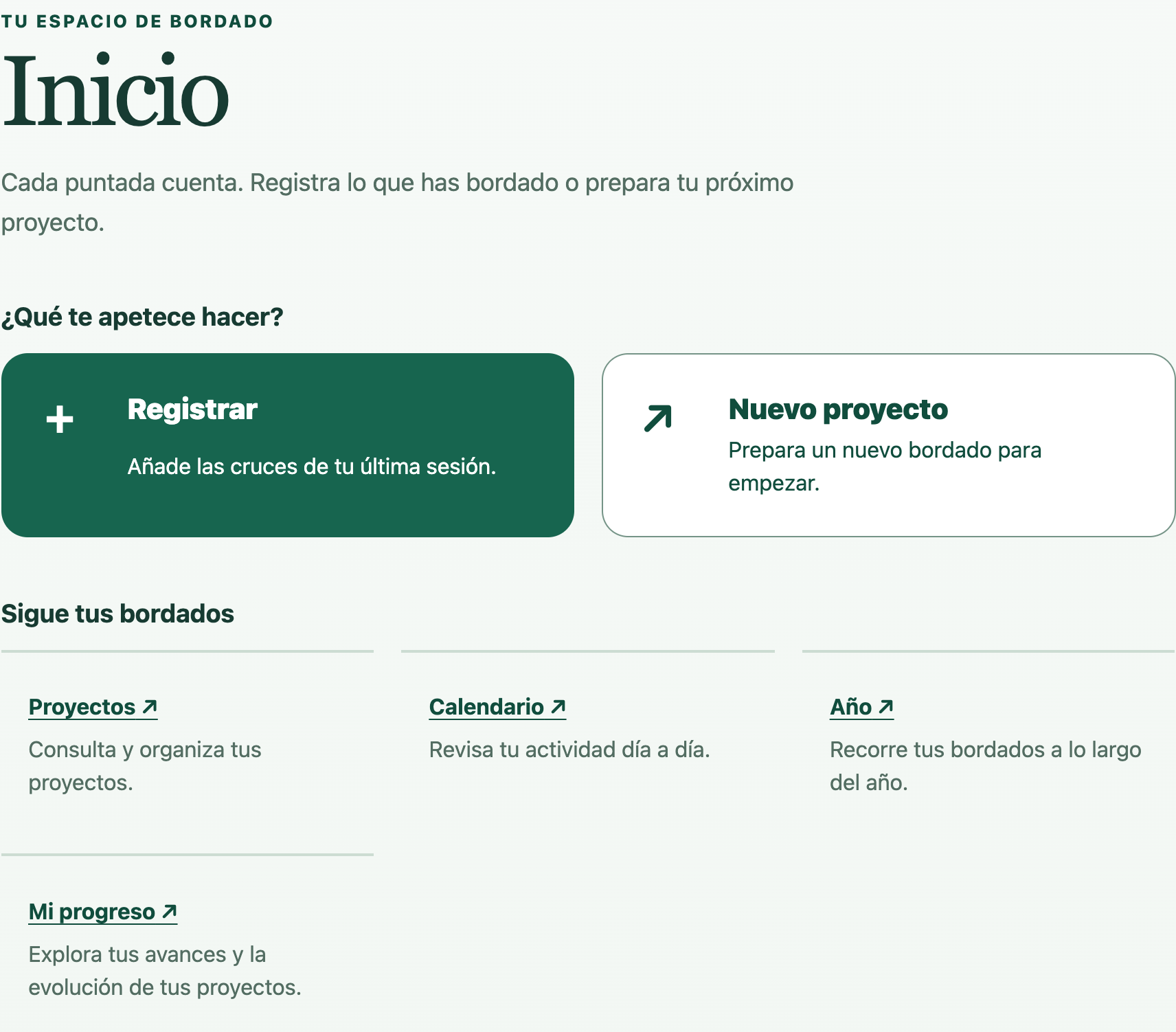 Inicio real de Seguimiento de Bordados con accesos a registro, proyectos, calendario y progreso